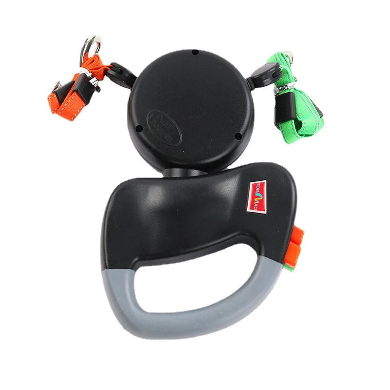 Laisse double pour chien de couleur noir et gris enrouleur. Laisse à enroulement automatique. Image produit Boutiquechien