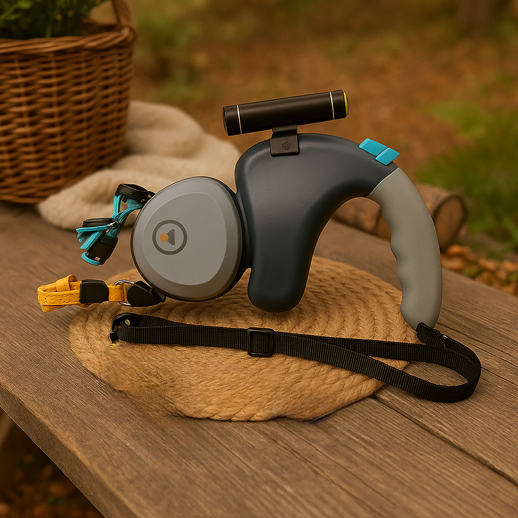 Laisse double chien de couleur gris et noir posé sur une table en bois. En fond il y a un panier en osier dans un bois. Image produit Boutiquechien