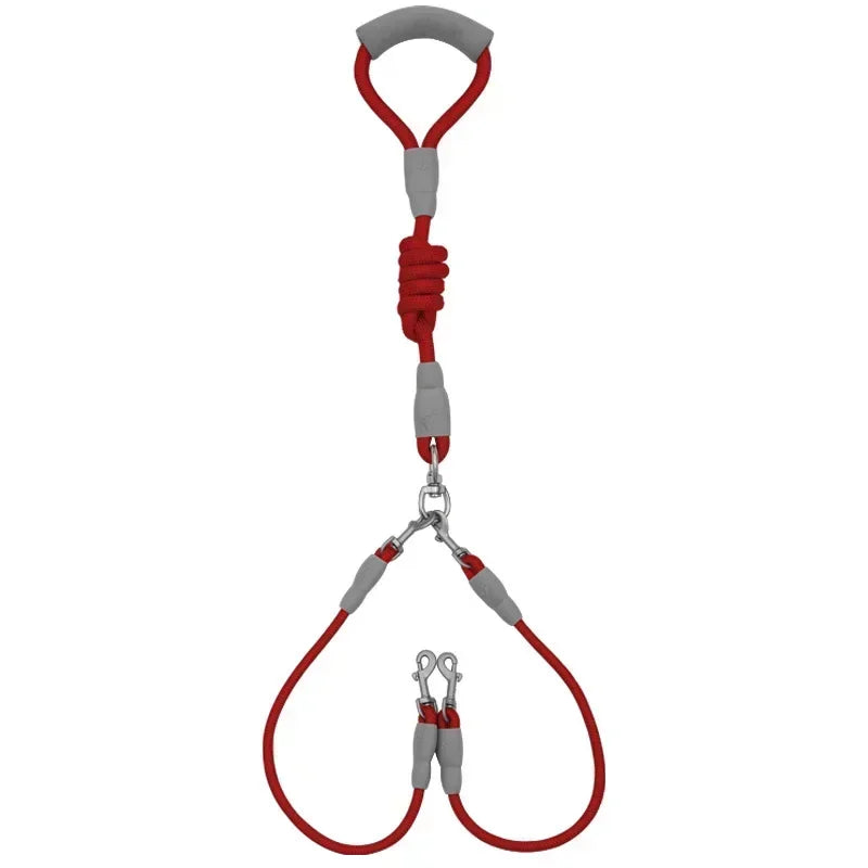 laisse double chiot résistant durable de couleur rouge. Laisse parfait pour promener deux chiens avec les poignées rembourré. Image produit Boutiquechien