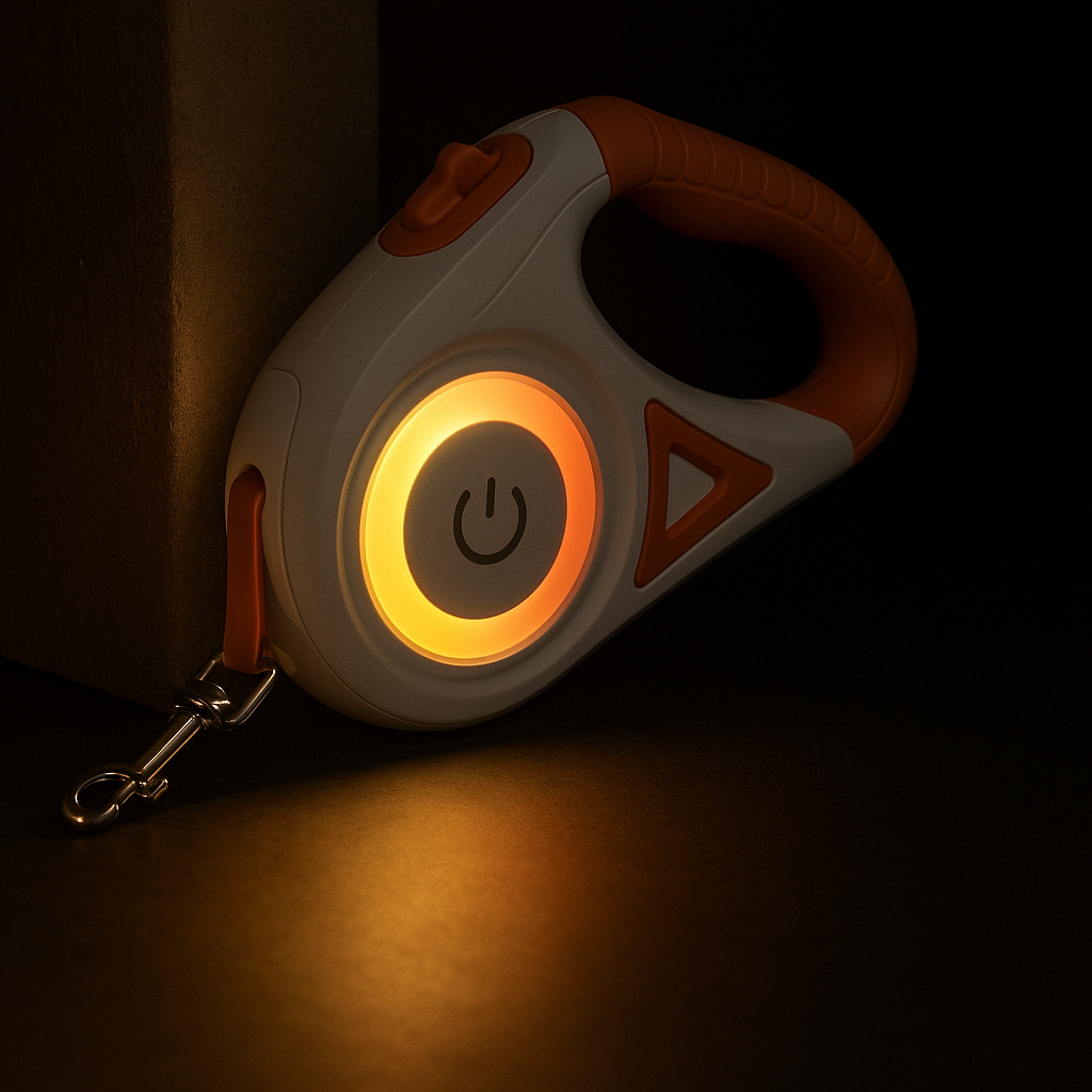 Laisse enrouleur de couleur orange et blanc, lumineuse. Parfait pour promener votre chien de nuit et être visible. Image produit Boutiquechien