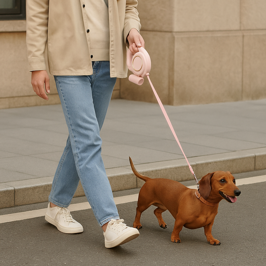 Femme promenant son chien de couleur brun dans la rue. Le chien est tenu par sa maîtresse avec la laisse enrouleur design de couleur rose. Image produit Boutiquechien