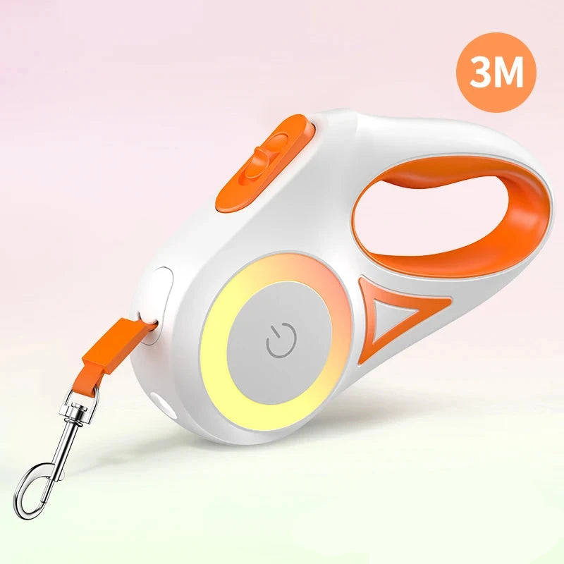 Laisse enrouleur de couleur orange et blanc mesurant 5m. Parfait pour maintenir votre chien de nuit avec sa lampe. Image produit Boutiquechien