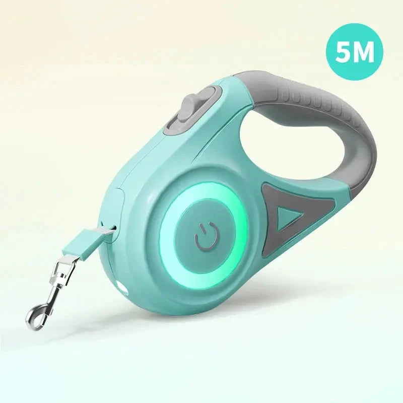 Laisse enrouleur de couleur vert et blanc mesurant 5m. Parfait pour maintenir votre chien de nuit avec sa lampe. Image produit Boutiquechien