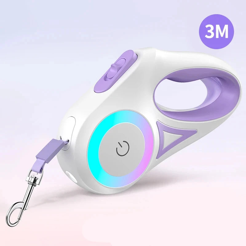 Laisse enrouleur de couleur violet et blanc mesurant 3m. Parfait pour maintenir votre chien de nuit avec sa lampe. Image produit Boutiquechien