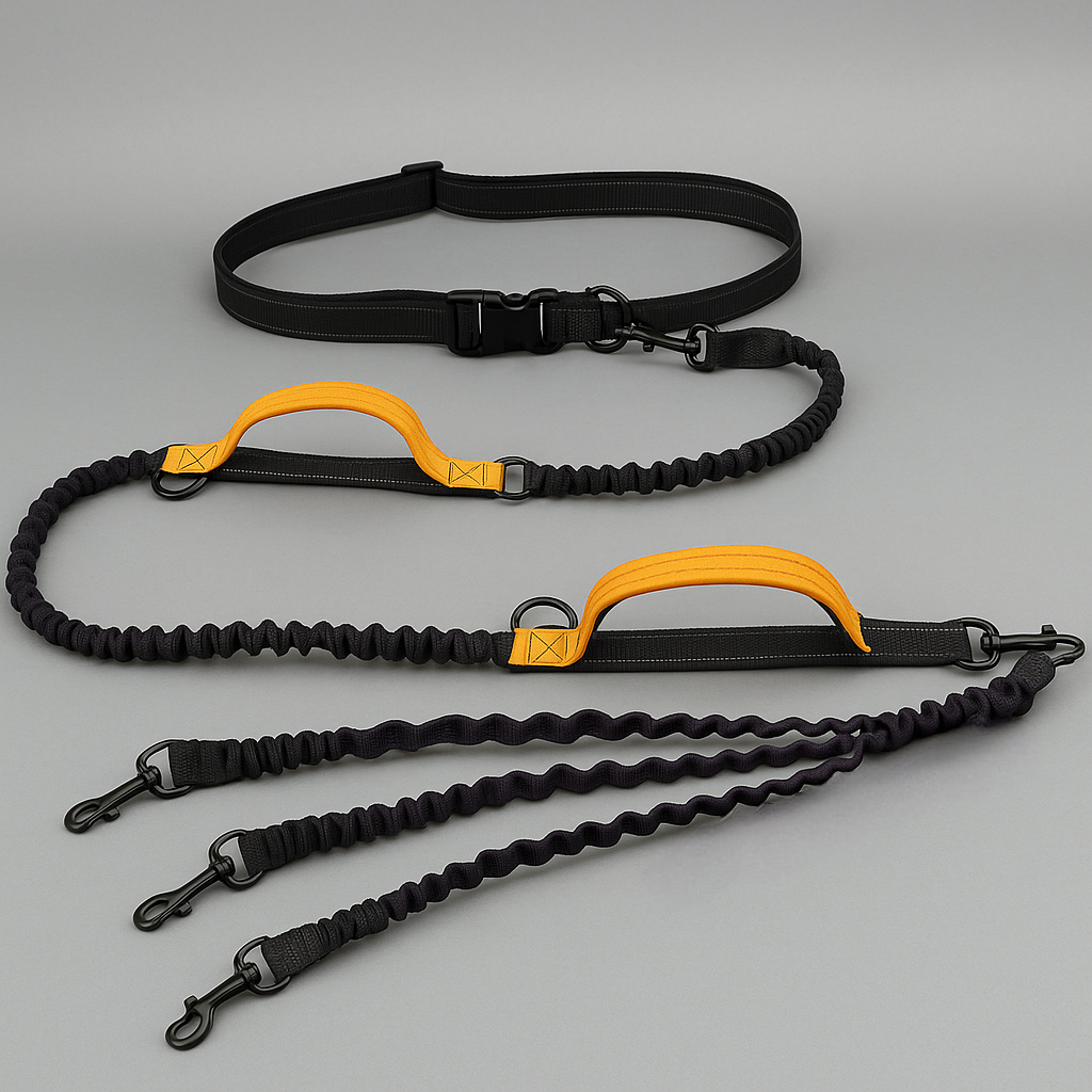 Laisse triple canicross de couleur noir et orange. Parfait pour courir avec son chien. Image produit Boutiquechien