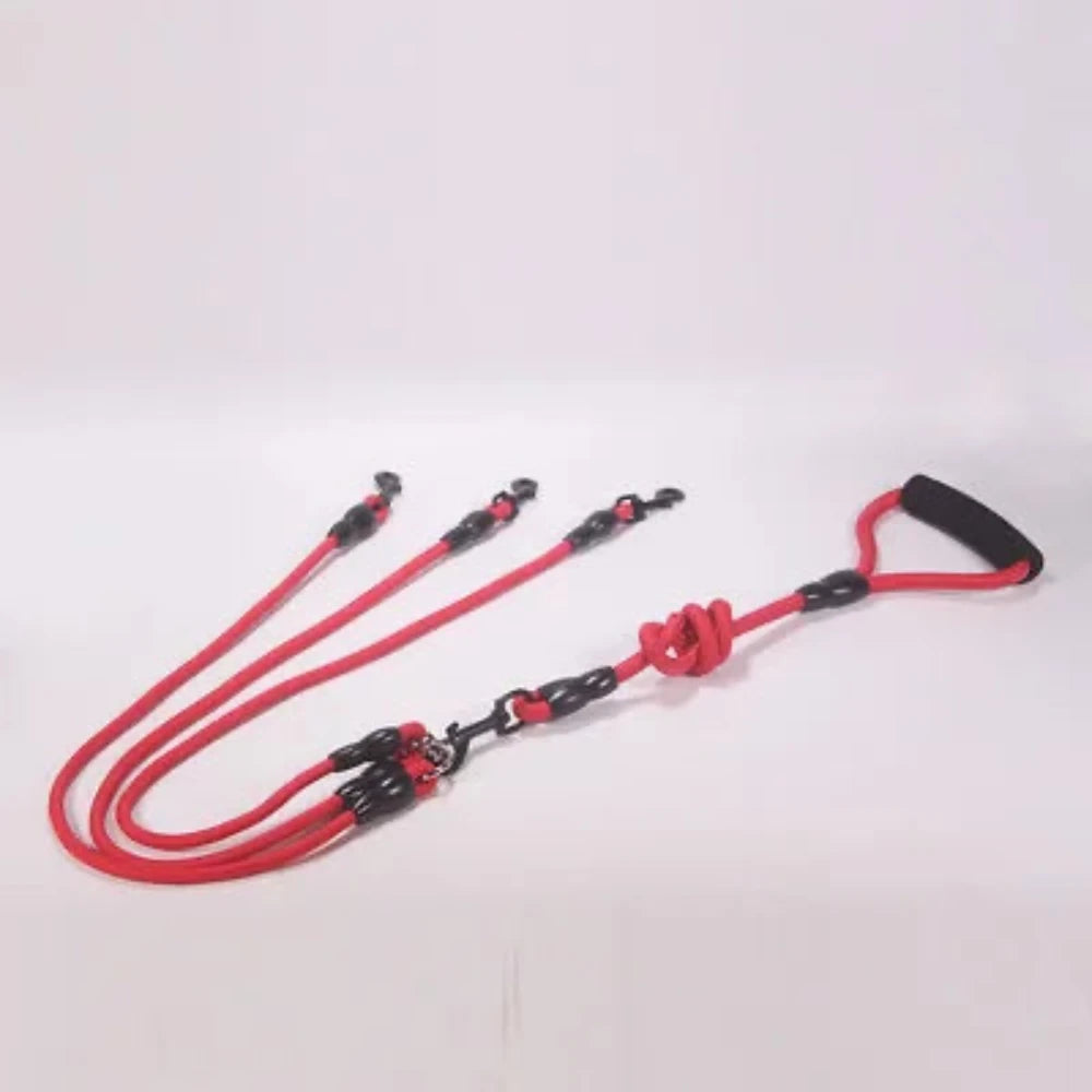 laisse triple pour chien de couleur rouge en nylon résistant et durable. Laisse double parfaite pour deux chiens. Image produit Boutiquechien