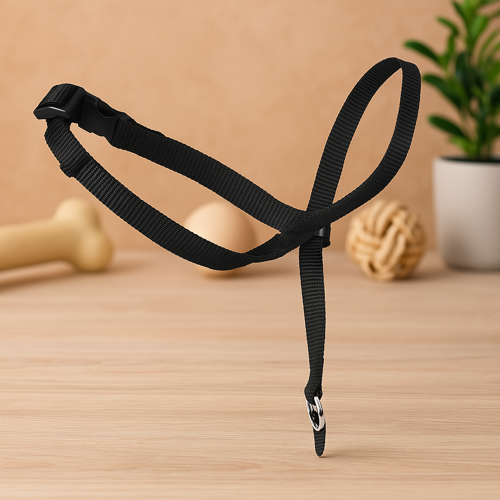licol chien de couleur noir mis en valeur dans un fond claire avec en fond une plante verte et des jouets pour chien. Image produit Boutiquechien