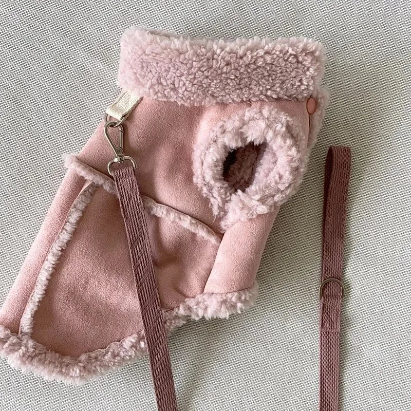 Manteau pour les chihuahua de couleur rose avec une laisse brune. Le manteau et rembourré de chaque côté. Image produit Boutiquechien