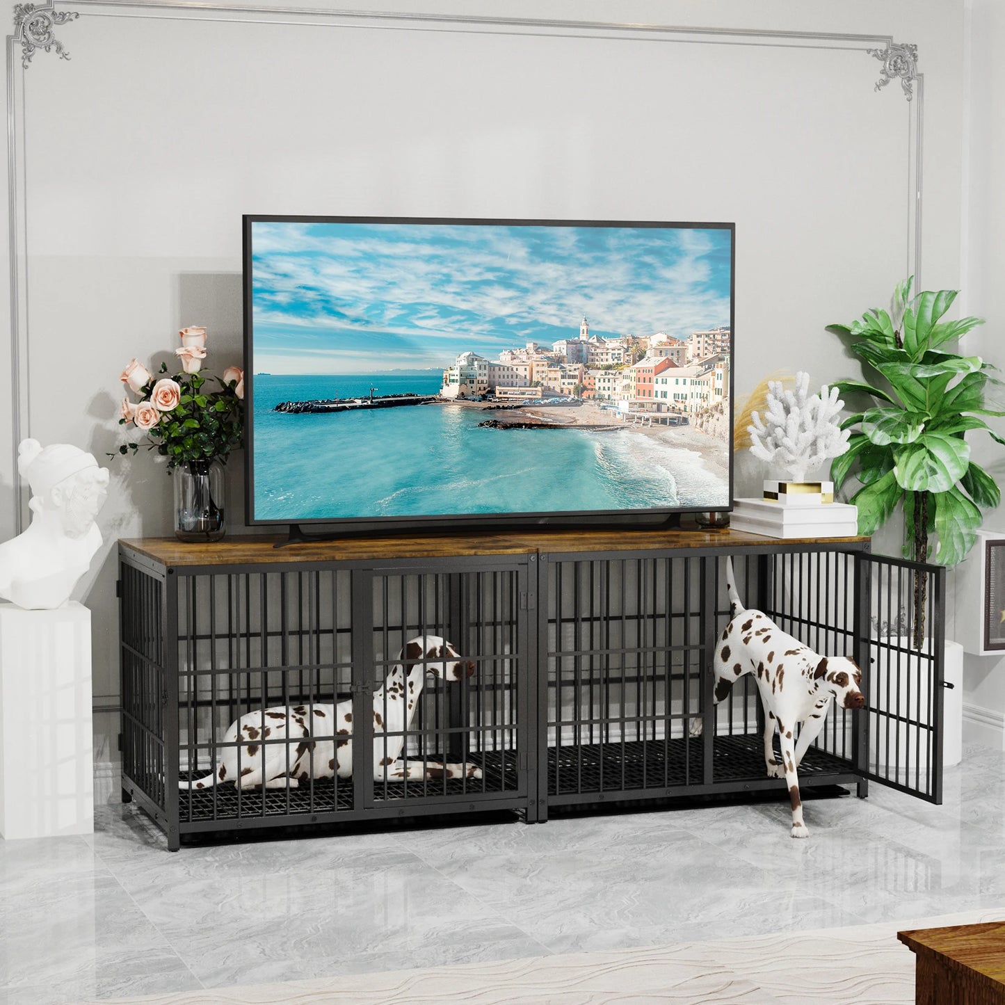 Meuble cage pour chien avec une télé et des plantes verte. Le salon est blanc. Image produit Boutiquechien