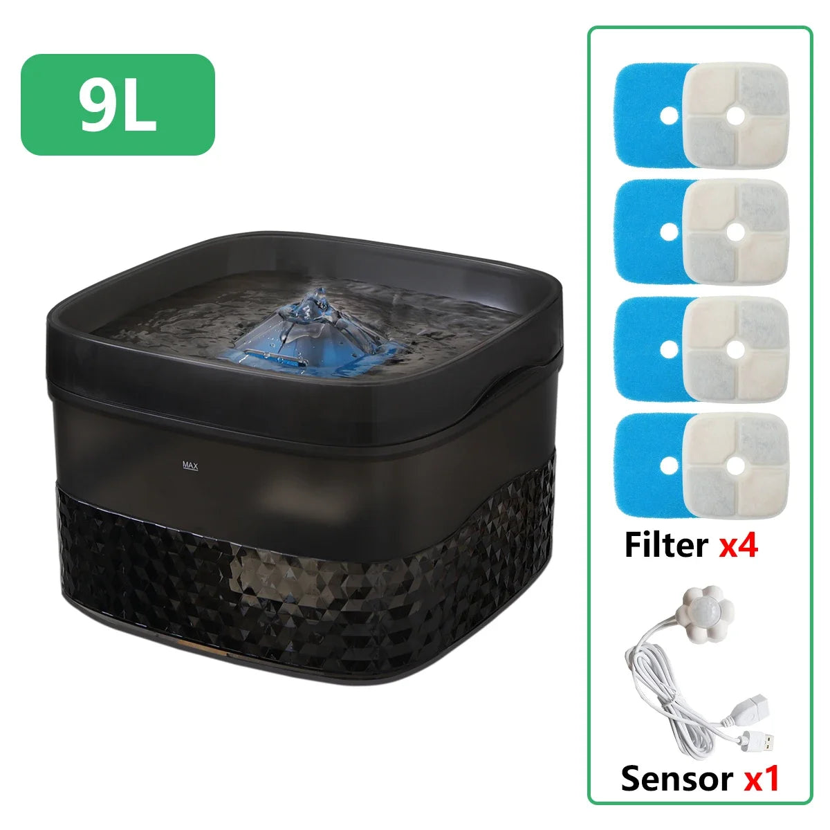 Pack complet de la gamelle d'eau automatique pour chien de couleur noir et de capacité 9l. Image produit Boutiquechien