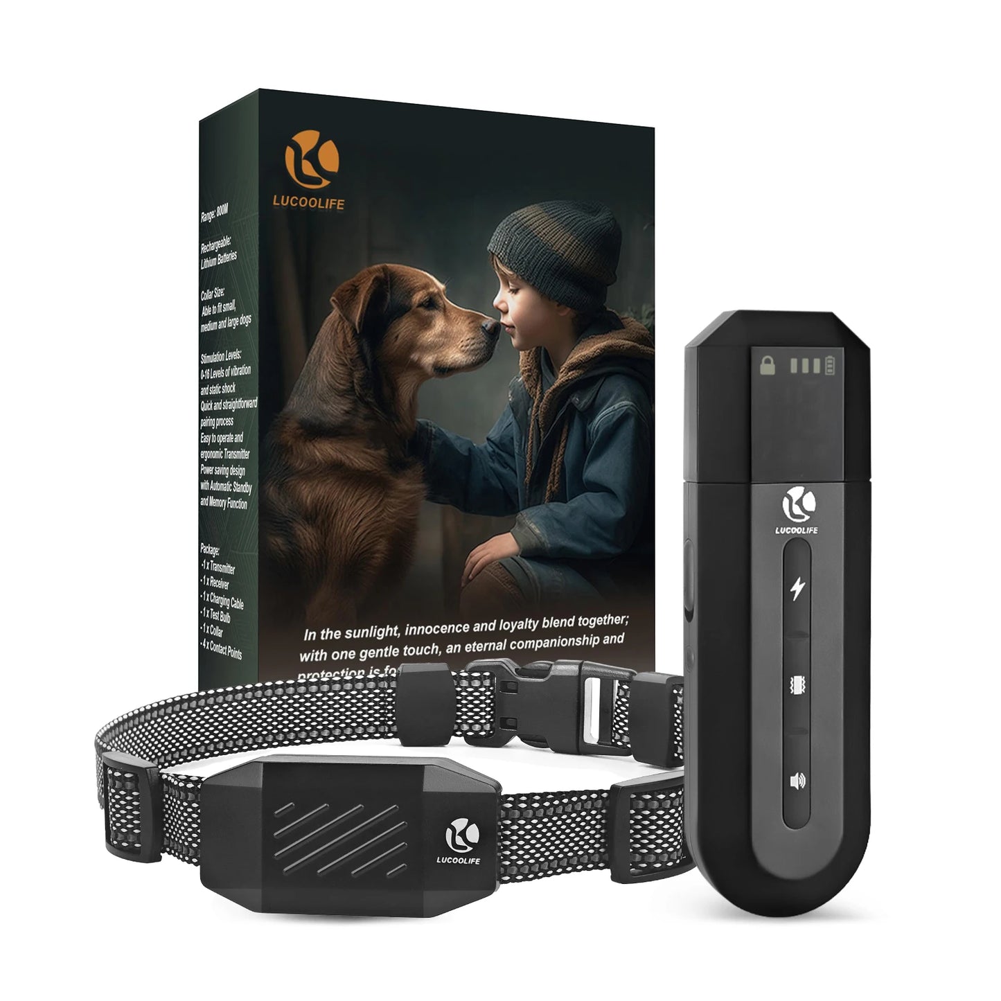 l'image représente le pack que reçoit l'acheteur lors de son achat chez boutiquechien. La personne reçoit le collier avec une télécommande noir. Image produit Boutiquechien