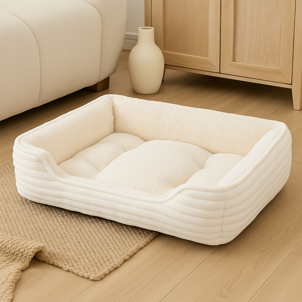 Panier chien xxl de couleur blanc dans un salon de couleur claire avec en fond un canapé blanc et une commode en bois. Image produit Boutiquechien