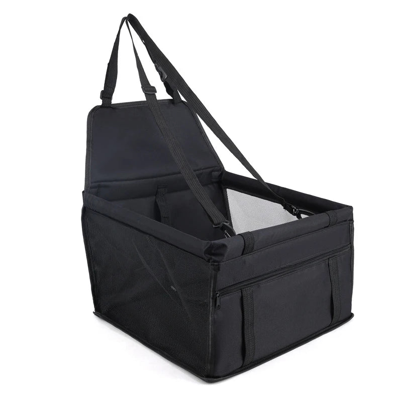 Panier de transport pour chien de couleur noir avec de nombreuses sangle d'attache. image produit Boutiquechien