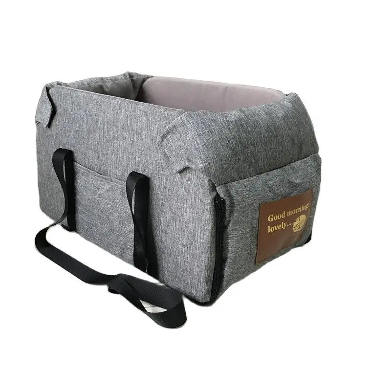 Panier de transport pour chien de couleur gris avec des lanière de couleur noir. Image produit Boutiquechien