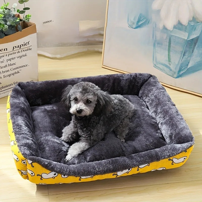 panier jaune pour chien avec des formes de canard pour chien. Le Chien est couché dans ce panier en regardant la caméra avec en fond un tableau bleu et une plante verte. Image produit boutiquechien