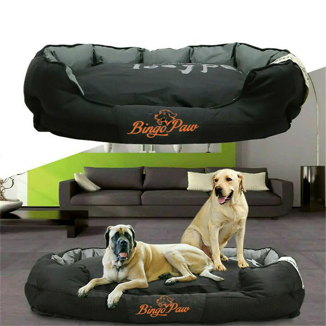 deux chiens couché dans le grand panier pour chien de couleurs noirs avec un intérieur gris pour chien. Le panier est dans un salon moderne avec en fond un canapé classe et une table basse noir. image produit boutiquechien