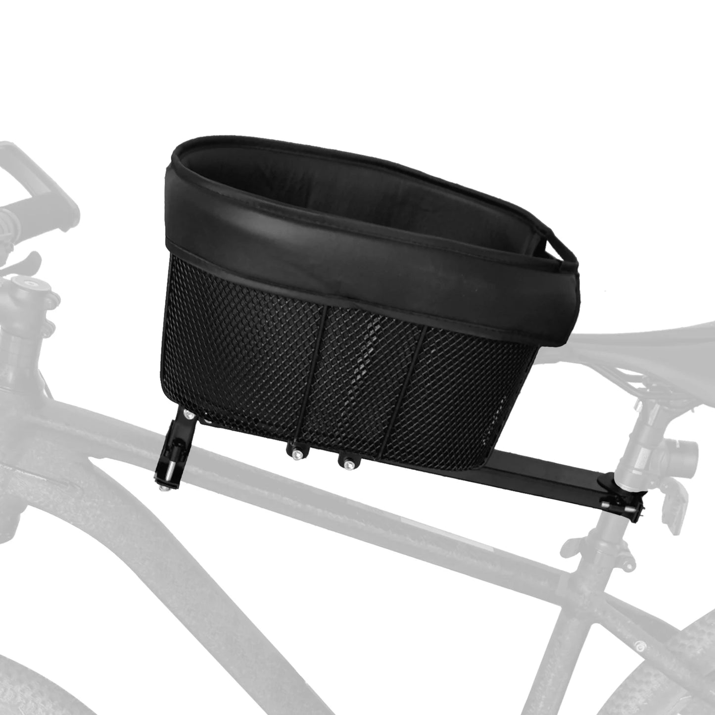 panier à vélo pour chien de couleur noir. Le panier chien est dépose sur une barre accroché au cadre du vélo et à la selle du vélo. Image produit Boutiquechien