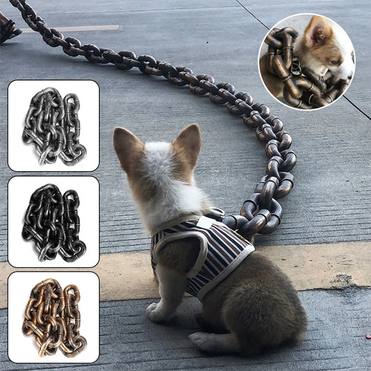 laisse style chaine pour petit et grand chien. Le petit chien porte et un petit harnais et il est de couleur brun et blanc. Le chine à une grande et grosse laisse. Image produit Boutiquechien