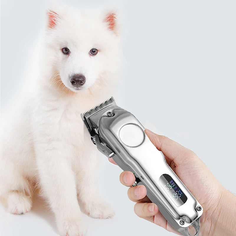 Petit chien de couleur blanc a long poil derrière une tondeuse de couleur gris. Image produit Boutiquechien