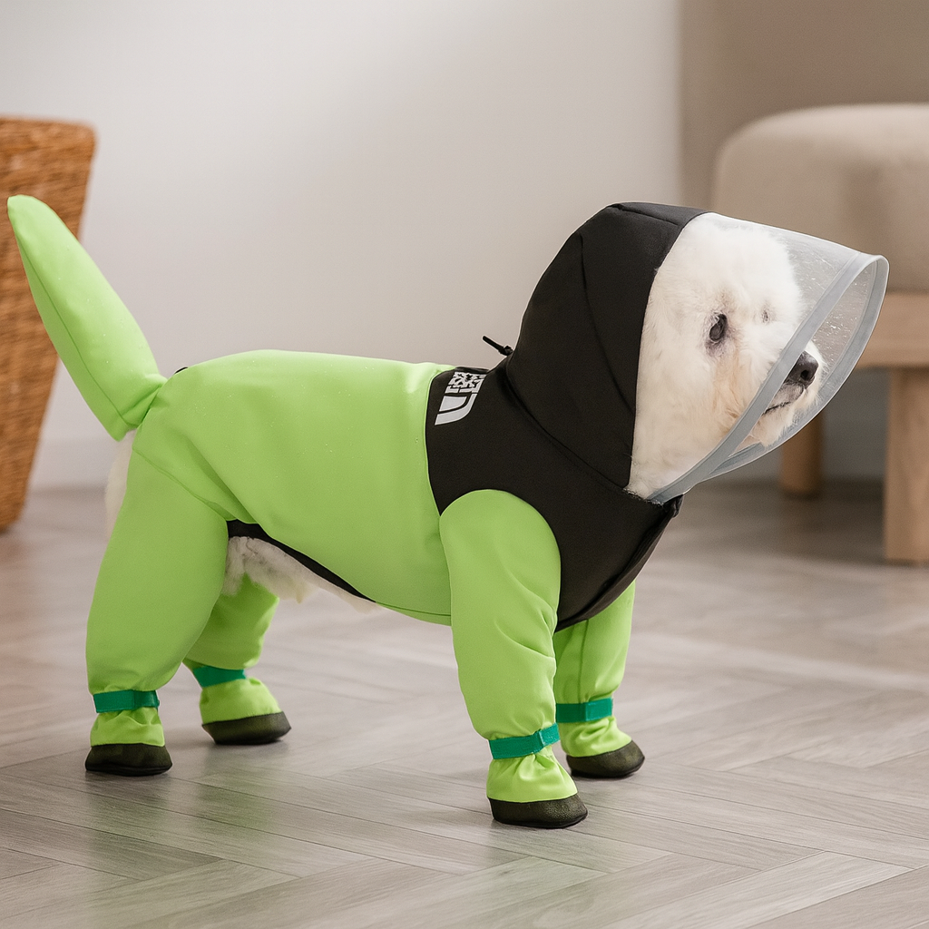 Petit chien de couleur blanc avec un imper total de couleur vert et noir dans une pièce de couleur claire. Image produit Boutiquechien