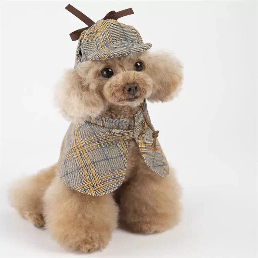 Petit chien de couleur gris avec un costume de détective pour chien de couleur gris. Image produit Boutiquechien