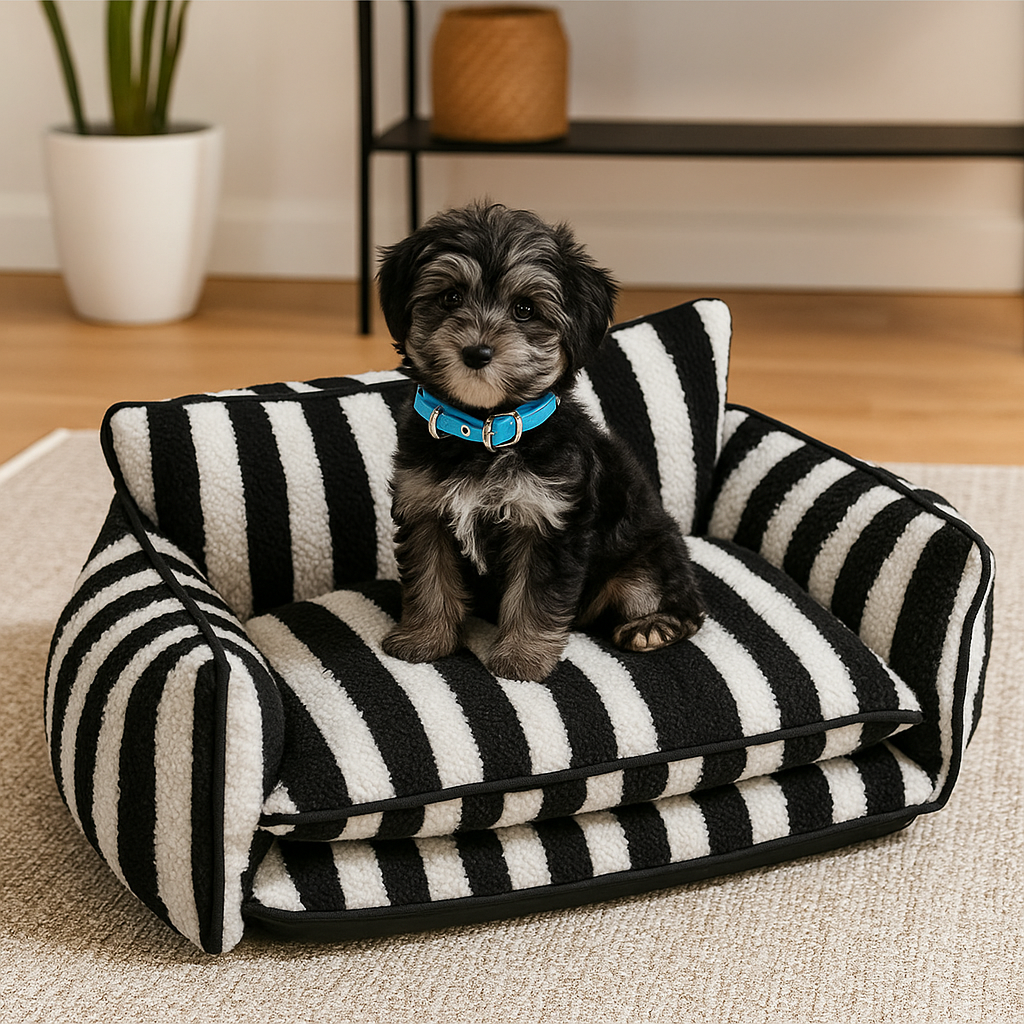 petit chien noir avec collier Bleu assis sur un canapé pour petit Chien de couleur noir blanc. Le canapé chien est posé dans un salon de couleur claire avec en fond une plante verte. Image produit Boutiquechien