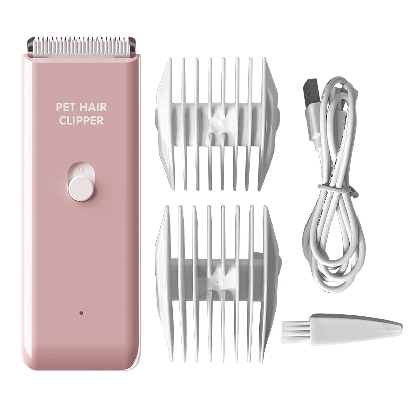 Petite tondeuse pour chien de couleur rose avec deux sabots blanc et un câble. La tondeuse est parfait pour les détails et petit boulot. Image produit Boutiquechien