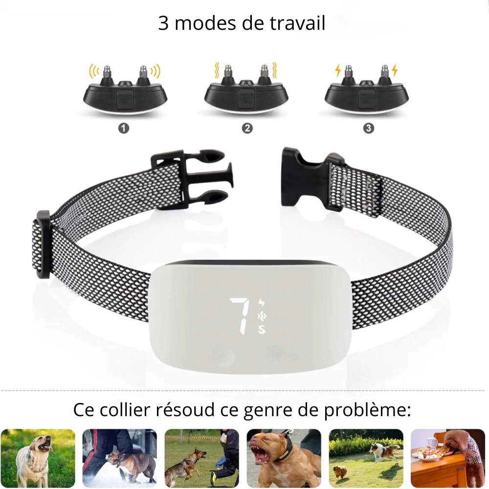 Utilisation du collier chien éducatif. Le collier peur vibrer, mettre une décharge électrique. Le collier est parfait pour éduquer votre chien. Image produit Boutiuqechien