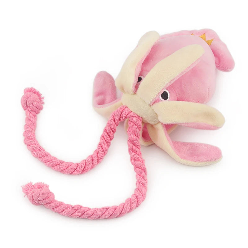 peluche poulpe avec de la corde pour chien résistant. le poulpe rose avec des tentacules blanche. Image produit Boutiquechien