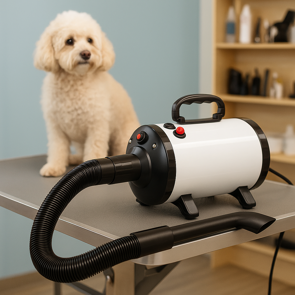 Pulseur chien blanc et noir posé sur une table de toilettage surélevé par une table de toilettage. Le pulseur chien est dans un salon de toilettage élégant. Image produit Boutiquechien