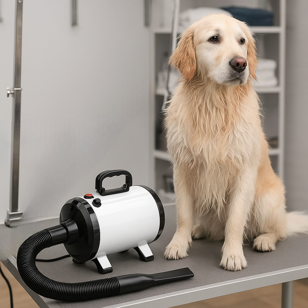 Pulseur chien de couleur blanc et noir dans un salon de toilettage séchant un golden retriever blanc. Image Boutiquechien