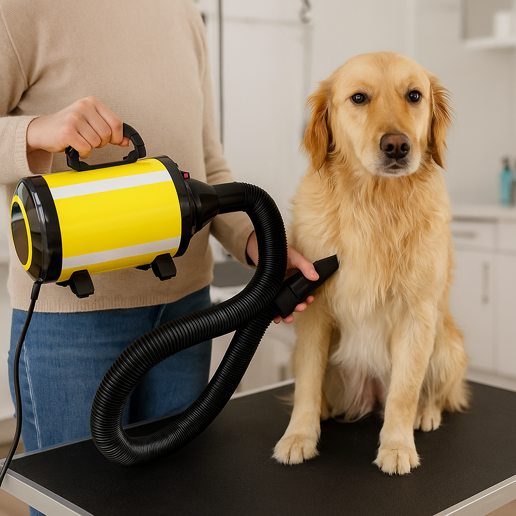 Golden retriever se faisant nettoyer par un pulseur de couleur jaune par une femme habille en beige et bleu. Le chie est sur élever sur une table de toilettage. Image produit Boutiquechien