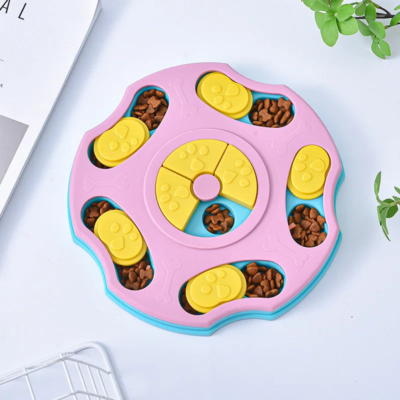Puzzle pour chien de forme pentagonale de couleur rose et bleu. Image produit Boutiquechien