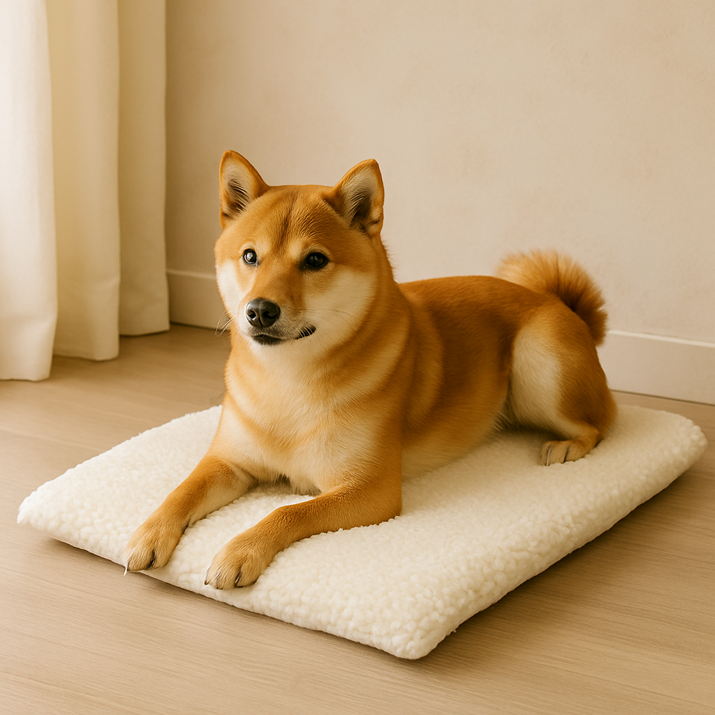 Shiba brun et blanc couché sur un tapis auto chauffant de couleur blanc dans une pièce avec les murs blanc. Image produit Boutiquechien