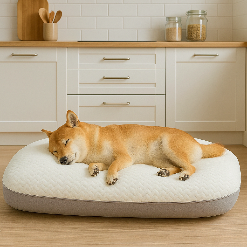 Shiba qui dort dans la cuisine blanche. Le chien dort sur son panier chien xl moelleux. Image produit Boutiquechien