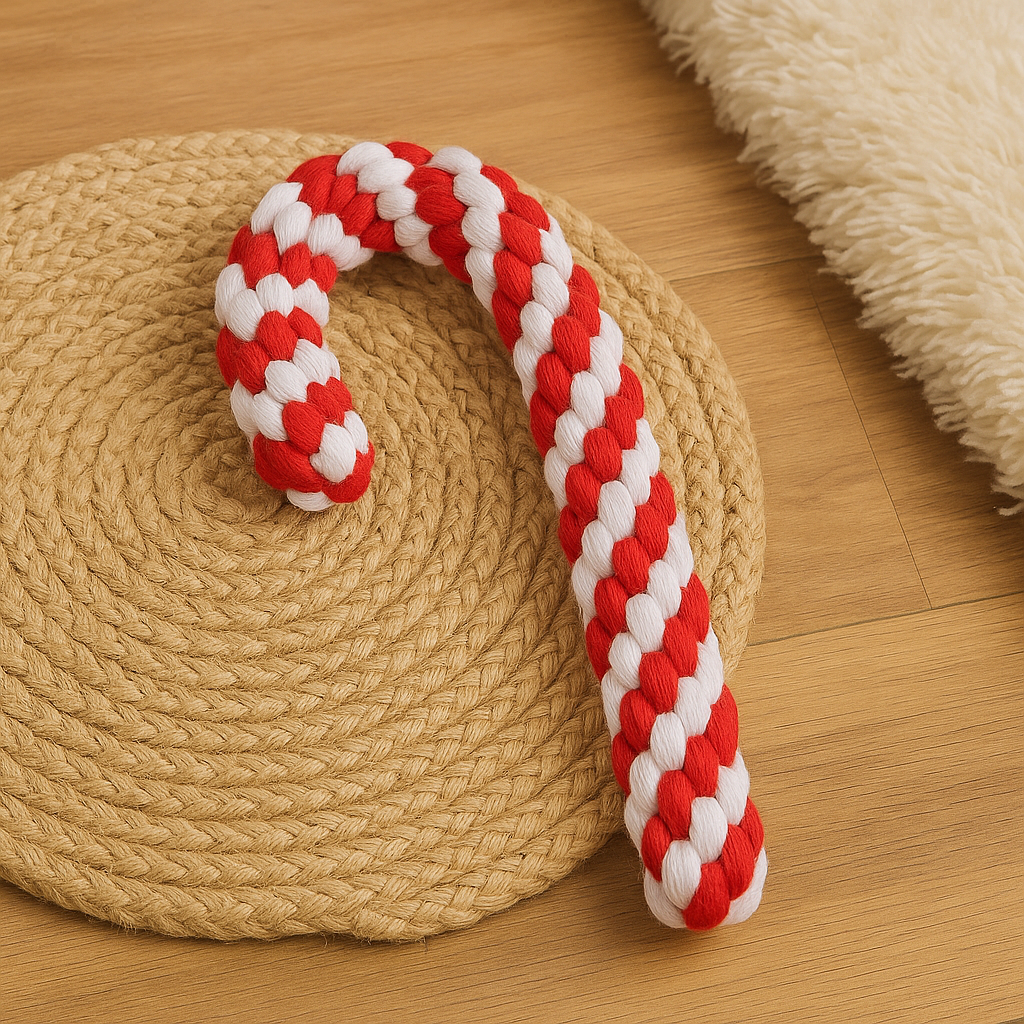 sucre d'orge de couleur rouge et blanc posé par terre. Le jouet est posé par terre près d'un tapis blanc. Image produit Boutiquechien