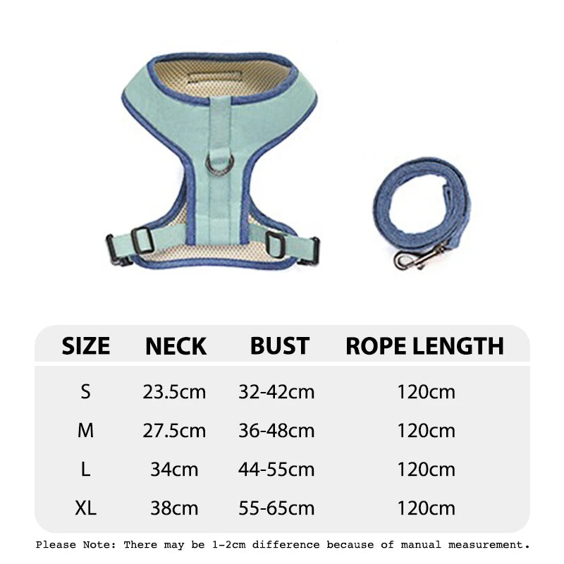 Tableau des tailles du petit harnais avec laisse bleu clair est bleu foncé de boutiquechien