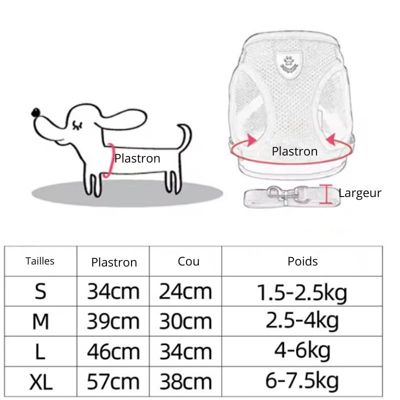Dimensions total du harnais chien nylon de boutiquechien