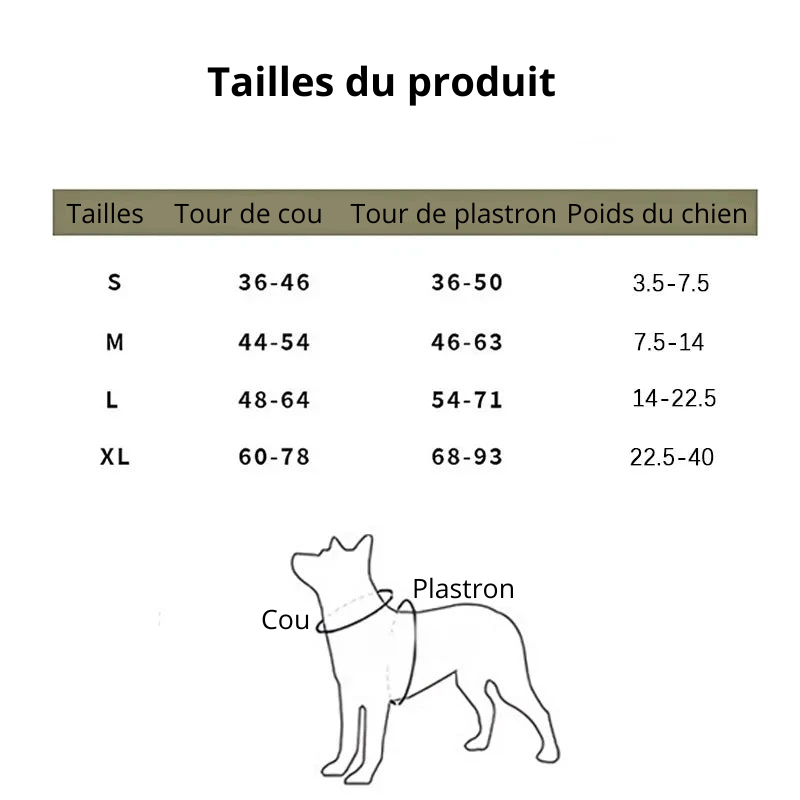 Tailles total du harnais pour petit chien avec la totalité des dimensions pour chien. Image produit Boutiquechien