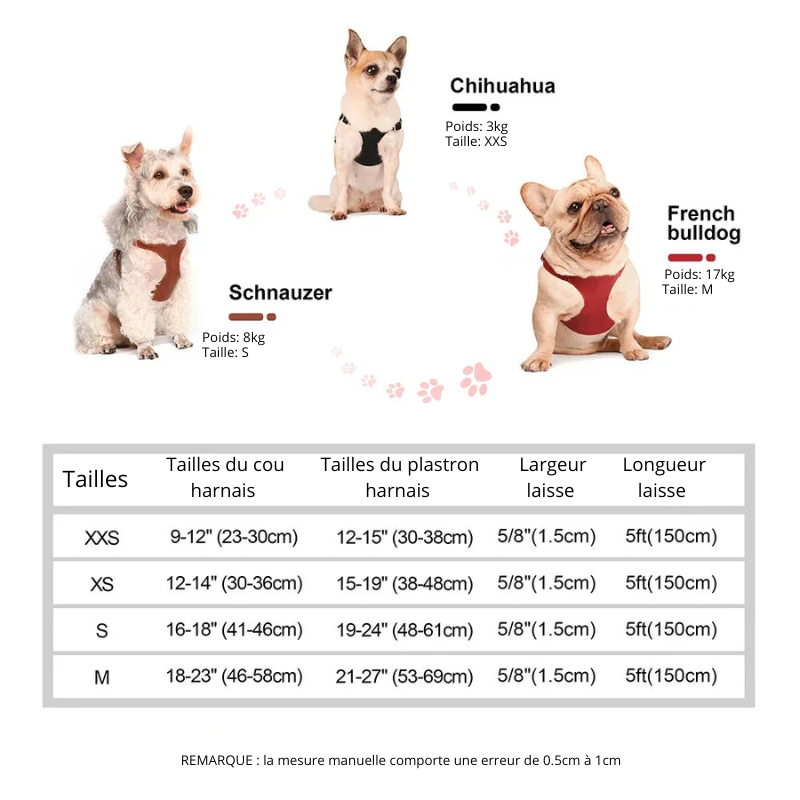 Tailles total du harnais pour chien en cuir de XXS à M. Les chiens possèdent des harnais de différentes tailles. Image produit Boutiquechien