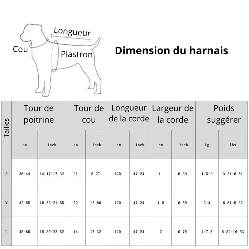 dimensions total du harnais petit chien avec toutes les dimensions. Image produit Boutiquechien