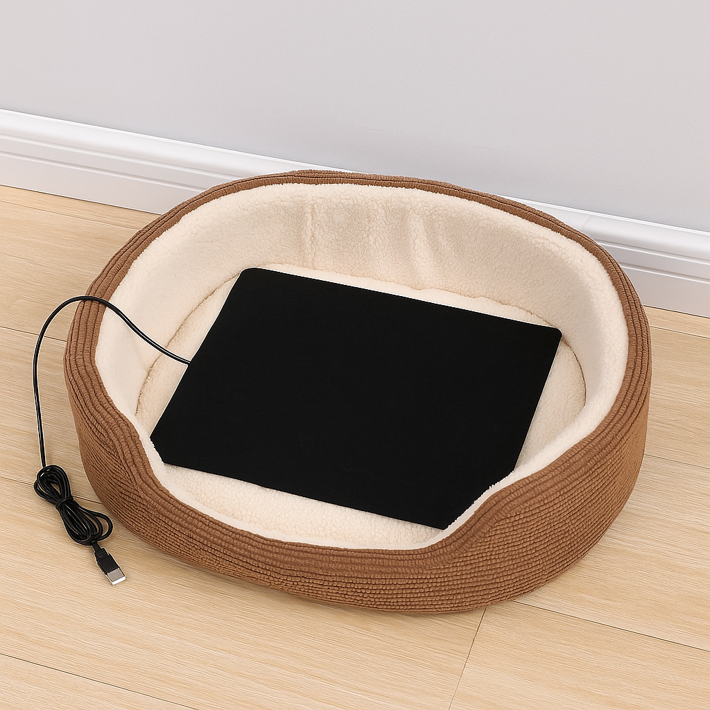 Tapis chien chauffant de couleur noir posé dans un panier de couleur brun et blanc sur un sol en bois et un mur gris. Image produit Boutiquechien