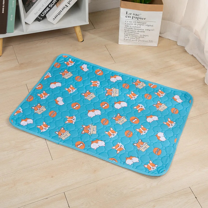 Tapis chien de couleur bleu avec des shiba posé sur un sol de couleur claire. Le tapis chien absorbant est parfait pour les chiens. Le tapis est posé près d'une nappe blanche et d'une plante verte. Image produit Boutiuqechien