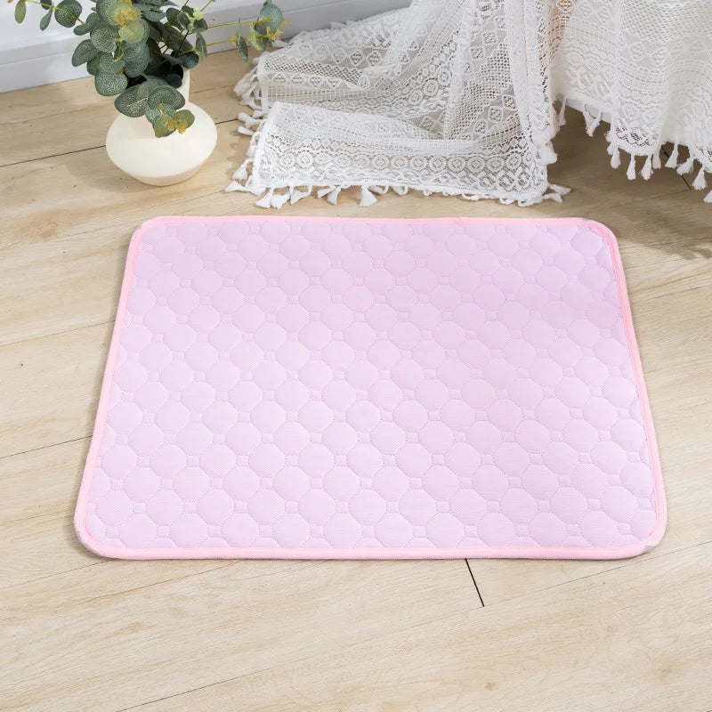 Tapis chien de couleur rose posé sur un sol de couleur claire. Le tapis chien absorbant est parfait pour les chiens. Le tapis est posé près d'une nappe blanche et d'une plante verte. Image produit Boutiuqechien