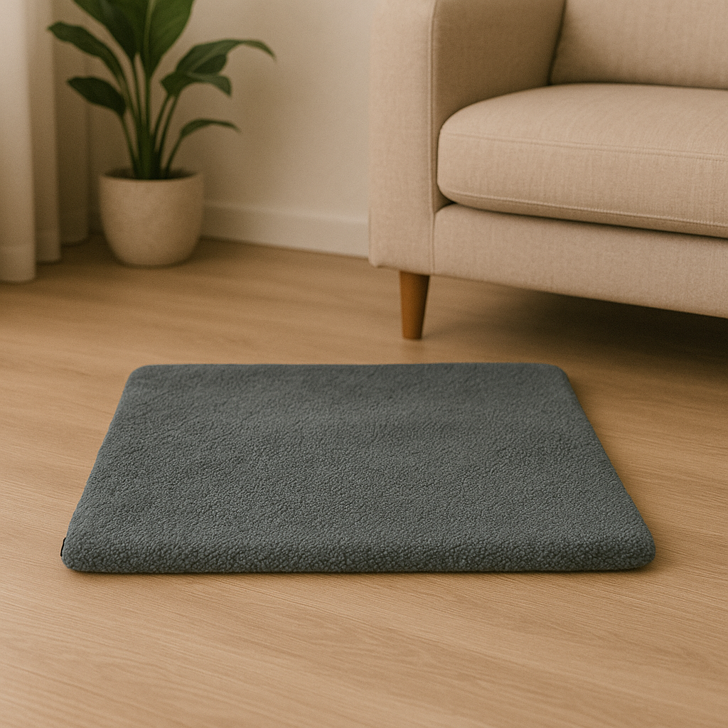 Tapis chien de couleur gris posé dans un salon de couleur claire. Le tapis est un tapis auto chauffant qui est près d'un canapé et d'une plante verte. Image produit Boutiquechien
