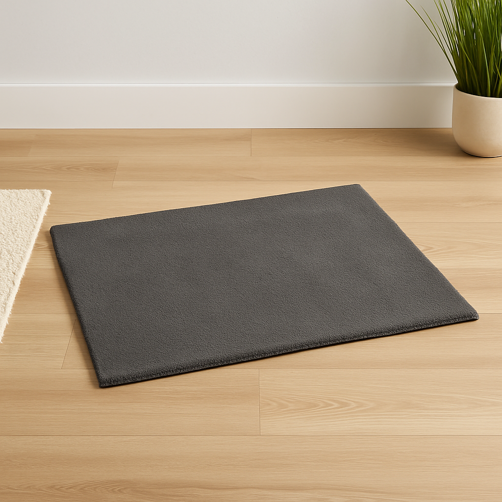 Tapis chien auto chauffant de couleur gris posé sur un sol de couleur claire avec en fond un pot de fleur vert et blanc. Image produit Boutiquechien