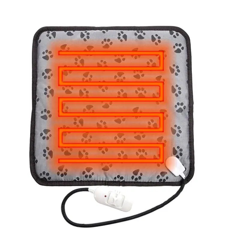 tapis chauffant électrique pour chien. Le produit est gris avec des pattes noir dessus. Image produit Boutiquechien