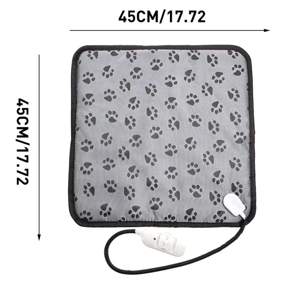 tailles du tapis électrique chauffant gri set noir. Le tapis chien fait 45 cm de long et de large. Image produit Boutiquechien