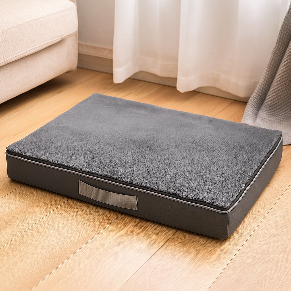 Tapis chien de couleur noir moelleux et rembourré. Le tapis chien est posé dans un salon de couleur claire avec en fond un canapé blanc et un rideau blanc sur un parquet. Image produit Boutiquechien