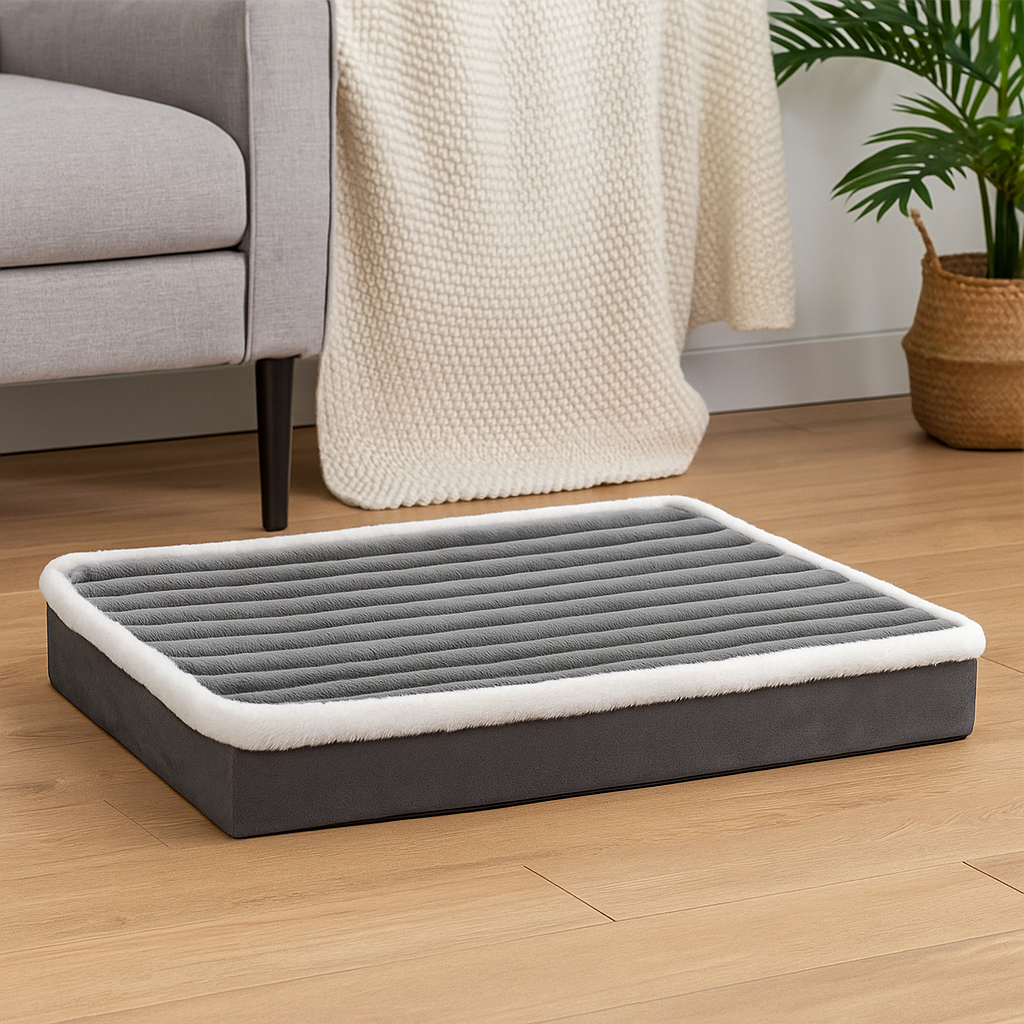 Tapis chien de couleur noir et blanc posé dans salon de couleur claire avec en fond une plante verte et un canapé gris. Image produit Boutiquechien